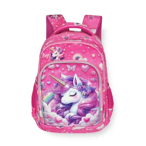 usmikeys Pink Unicorn Girls Backpack Cute Kids School Bag for Elementary Toddler Kindergarten Preschool, Children's Bookbag Travel Back Pack With Chest Strap 15"