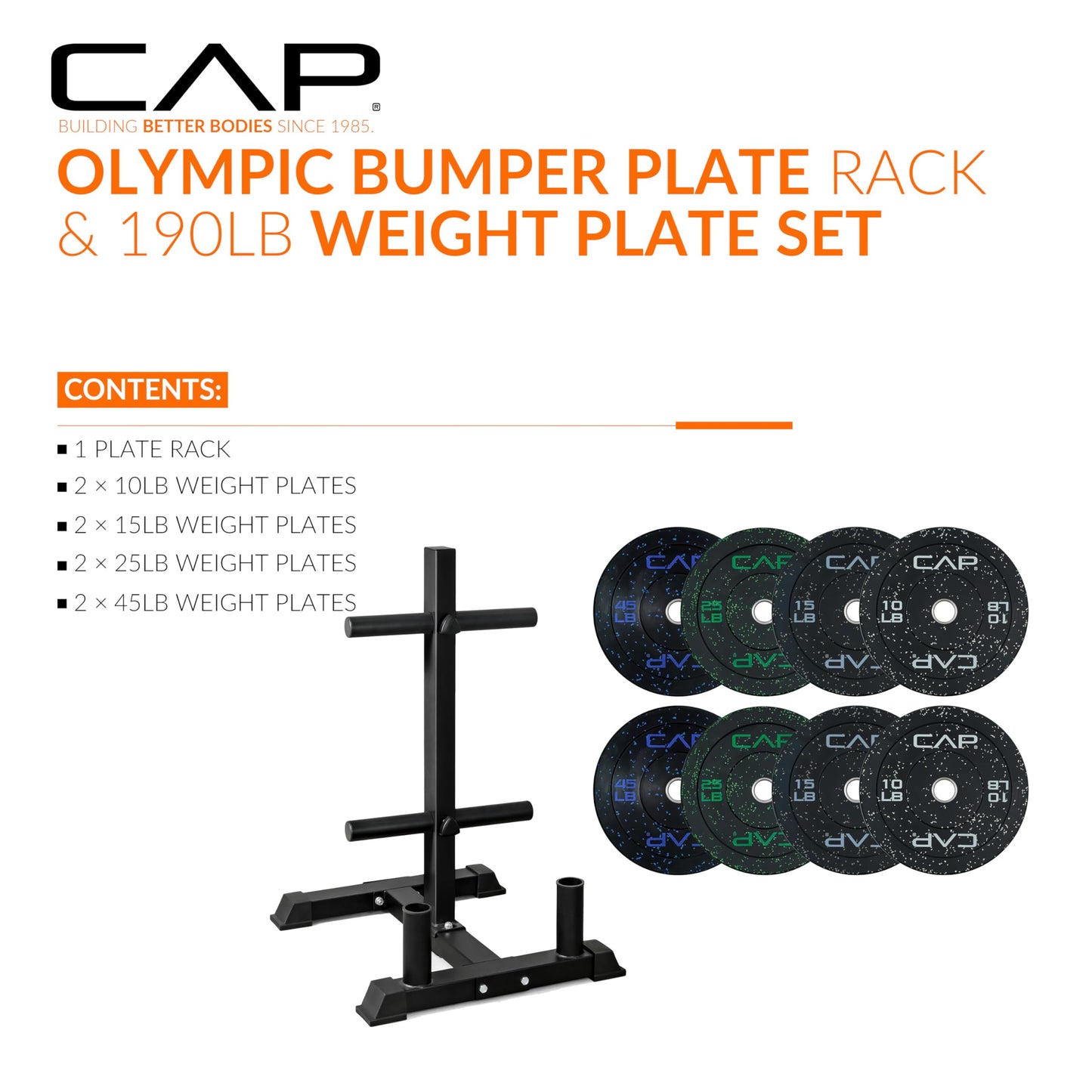 CAP 190 lb Economy Speckled Olympic Bumper Plate Set with Compact Storage Rack, 2-Inch Olympic Plates, Medium Bounce Rubber Weight Plates with Steel Hub, 4 Weight Posts & 2 Barbell Holders for Weightlifting, Strength Training & Home Gym Workouts
