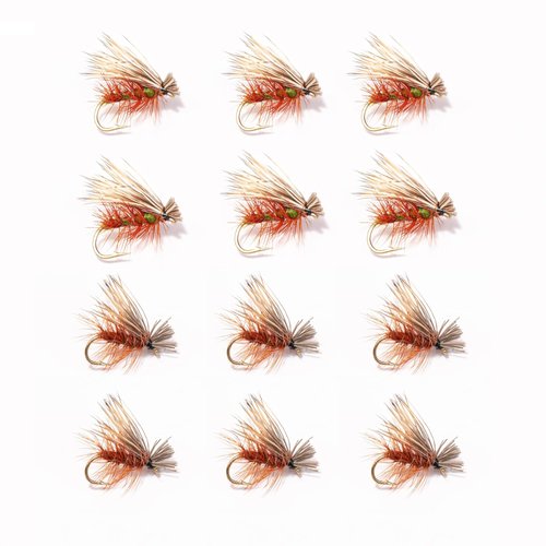 Floating Feather Supply Elk Hair Caddis Dry Fly 12 Pack Brown and Olive - Hook Size 12-18, Flies for Fishing Trout Assortment, Fly Fishing Accessories, Floatant Hackle (6X (Olive, Brown), 14)