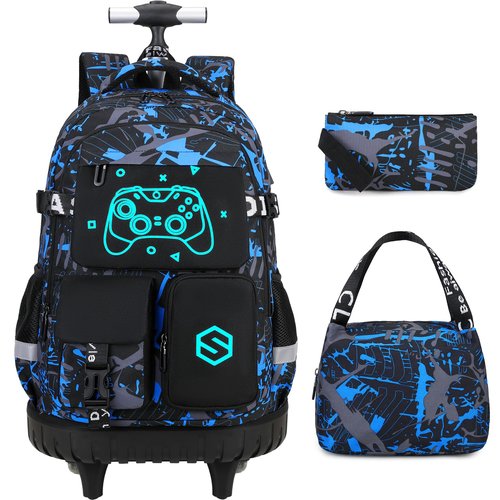 Scothen Rolling Backpack for Boys, Cool Luminous Gamer Roller School Backpacks for Boys with Lunch Bag and Pencil Pouch, Kids Backpack Bookbag with Wheels for Kindergarten Elementary Middle School