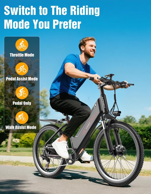 PIKABIKE F26 Electric Bike for Adults, 1500W Motor Peak Ebike, Max 65Miles 28MPH, 26" Electric Mountain Bike, 480Wh Removable Battery E Bike, 7-Speed & Front Suspension, Electric Bicycle for Commute