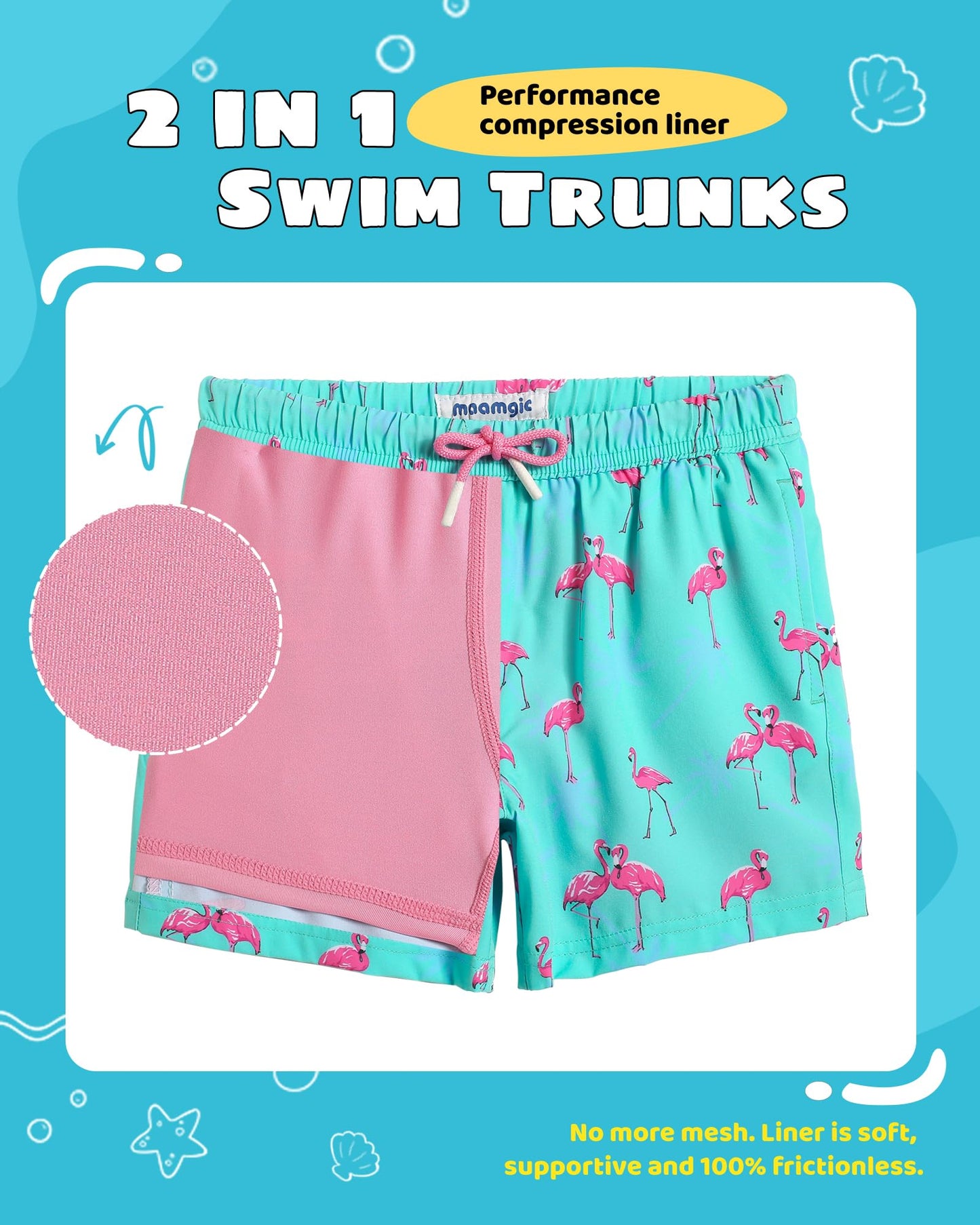 maamgic Boys Swim Trunks with Compression Liner Toddler Stretch Swim Shorts Quick Dry Swimming Trunks Boxer Brief 2 in 1 Beach Shorts Blue Flamingos 4T