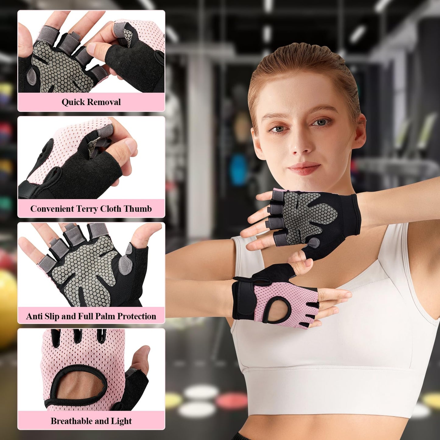 Roviutu Barbell Pad Set for Squat,Hip Thrusts, Leg Day,Olympic Bar Pad with 2 Gym Ankle Safety Straps, 2 Workout Gloves, Resistance Band, Carry Bag, Gym Accessories for Women (Pink Large Gloves
