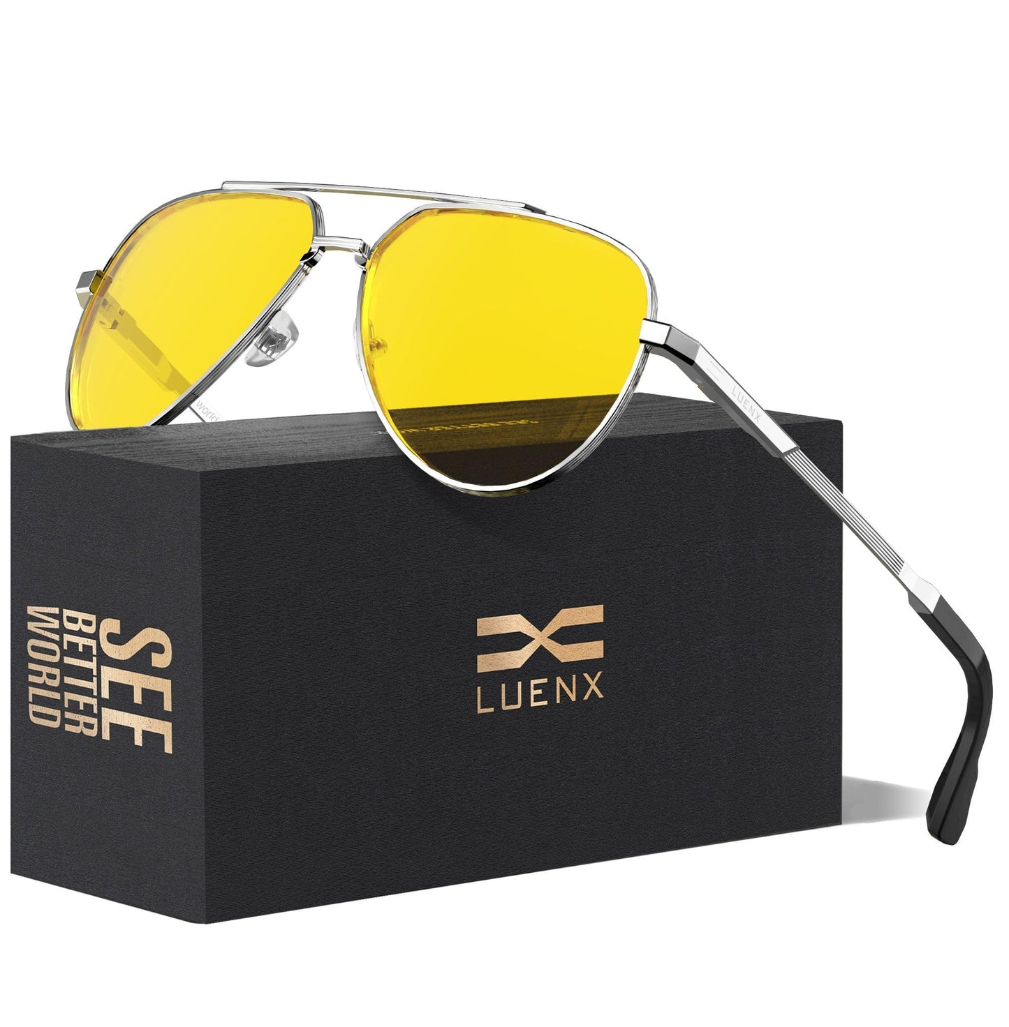 LUENX Night Vision Glasses,Aviator Polarized Sunglasses for Men Women Driving Yellow Lens Silver Frame Anti Glare Clear Sight 60MM