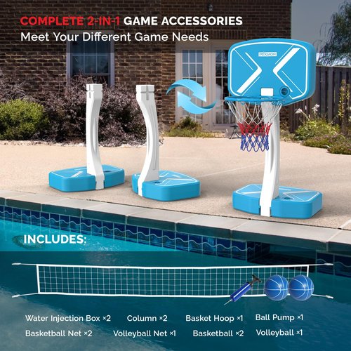 PEXMOR Pool Basketball Hoop for Swimming Pool,2-in-1 Basketball Hoop and Volleyball Net