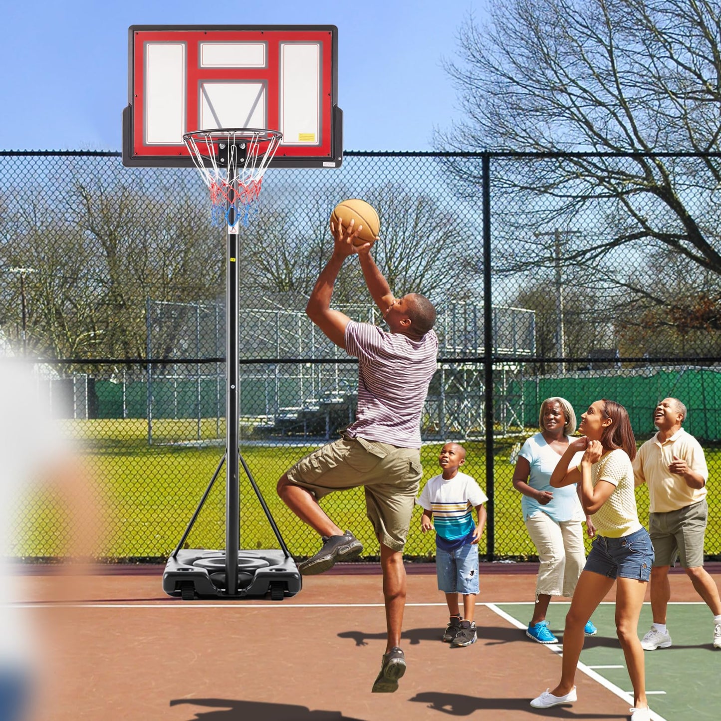 DUMOS 6.1-10FT Adjustable Height Portable Basketball Hoop Outdoor for Adult, 44 Inch Shatterproof Backboard w/Shock Absorbent Rim, Fillable Base, 2 Wheels for Swimming Pool/Indoor, Red