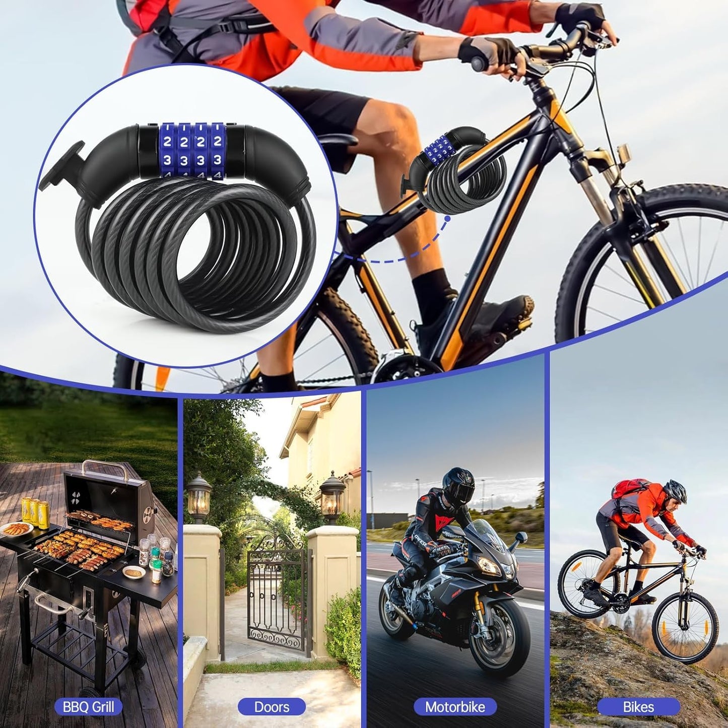 Bike Lock Cable,Anti Theft Cable Lock,4 Digit Security Resettable Combo Bike Lock, for E-Scooter, Electric Bike, Mountain Bike,Bicycle, Motorbikes