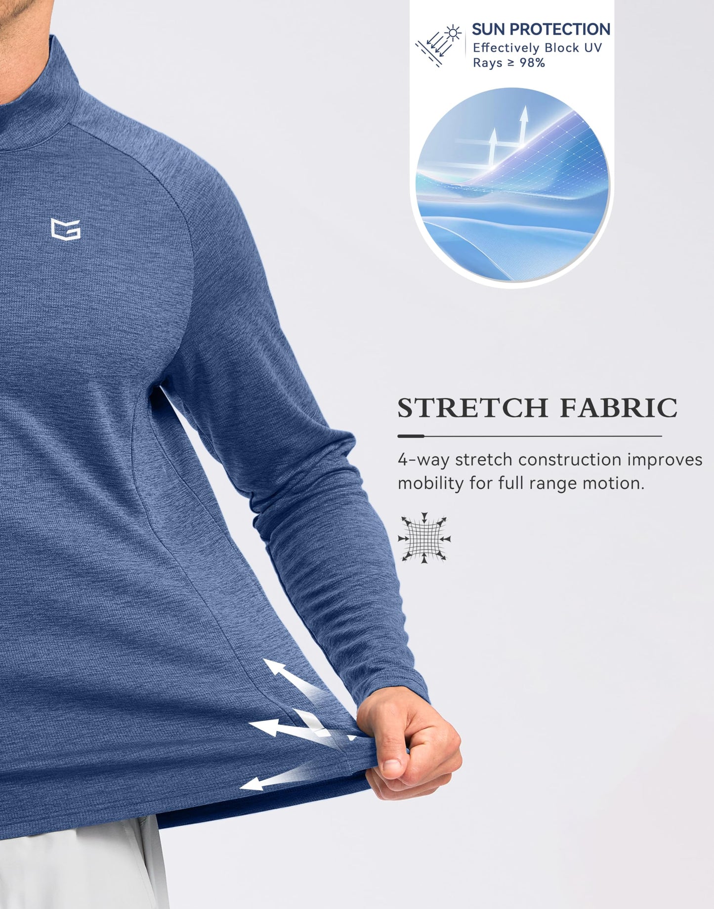 G Gradual Men's Running Shirts Long Sleeve Athletic Shirt Lightweight Quick Dry Quarter Zip Pullover for Men Workout Gym Golf(Blue Heather,L)
