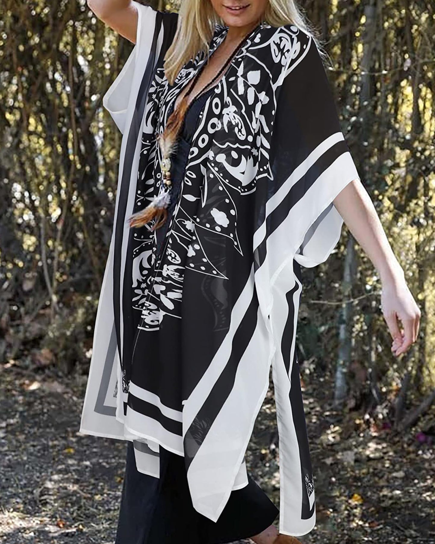 Summer Tops for Women Kimono Cardigans Plus Size Boho Bathing Suit Coverups(08-Black Boho,S)