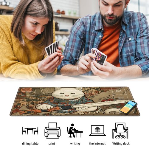 Playmat for MTG,Card Playmat Stitched with Zones for MTG Card Game Playing, TCG and Board Game Mat for Cards,Mousepad Desk Mats,Game Mat 24 x 14 inches-Cat with Sword