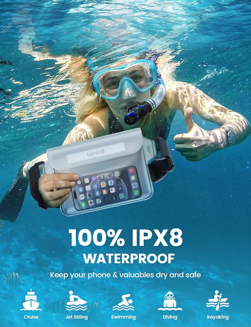 Lamicall Waterproof Fanny Pack Pouch with Elastic Strap - Dry Bag for Kayak, Boat, Travel - Clear & Clear