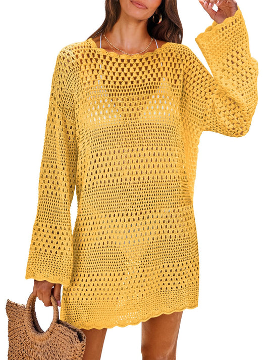 ANRABESS Women Swimsuit Crochet Swim Cover Up 2026 Summer Bathing Suit Swimwear Mesh Knit Beach Dress Vacation Outfits Yellow XX-Large