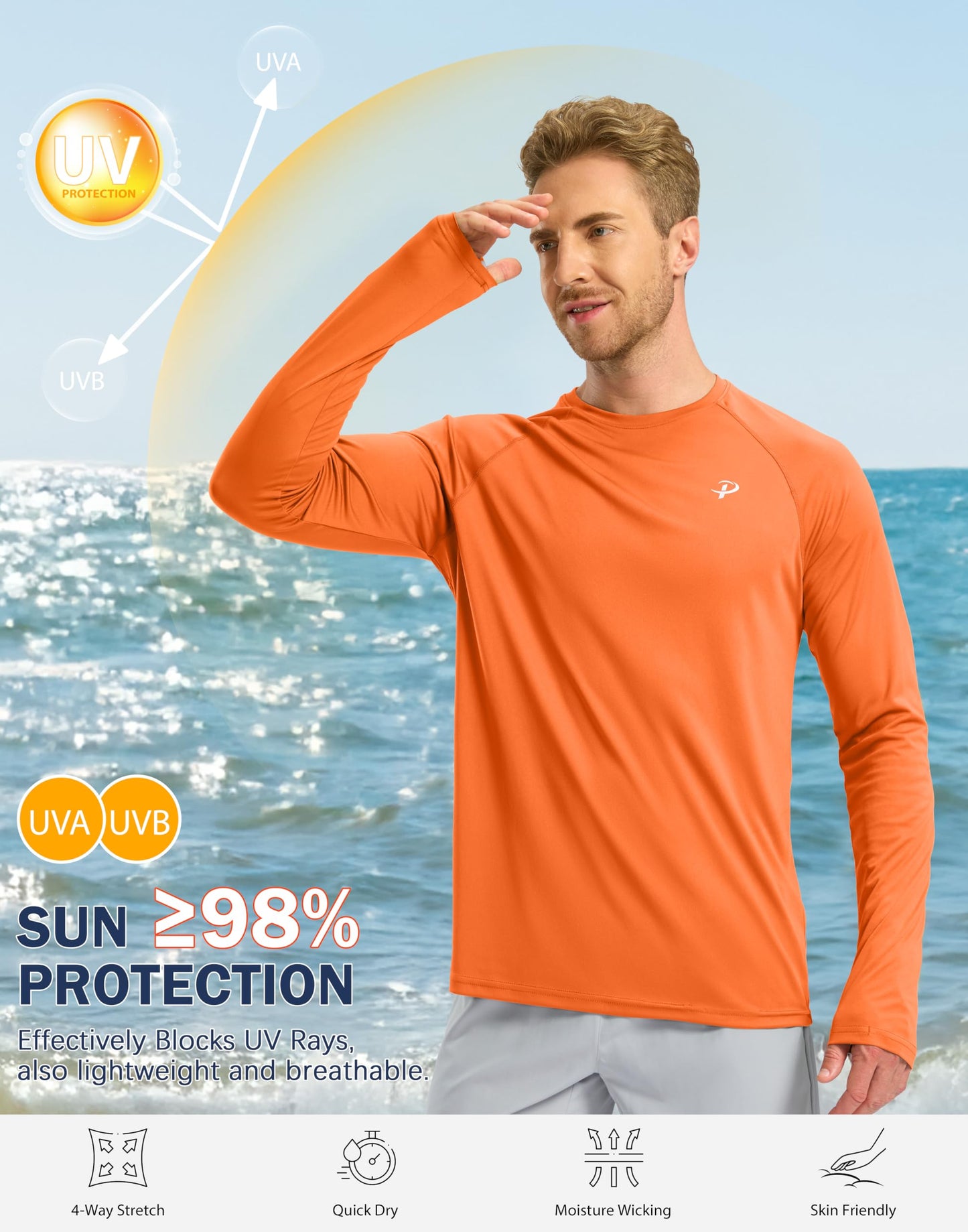 Pudolla Mens Long Sleeve Shirts UPF 50+ UV Sun Protection Athletic Shirts for Hiking Running Workout Rash Guard(Orange L)