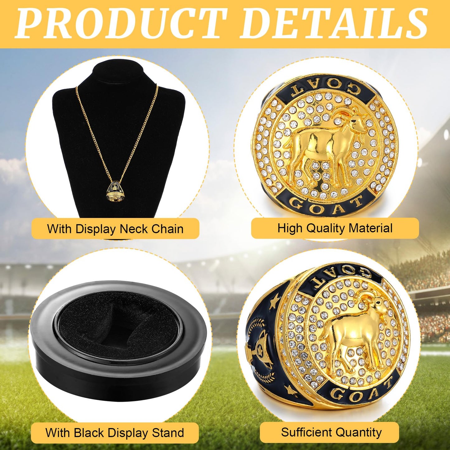 Highergo 10 Pcs Goat Championship Trophy Ring with Display Neck Chain and Stand Goat Medal Award Gift Greatest of All Time for Tournament or League Champion Winner Sports Award (Classic)