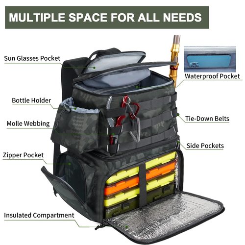 MATEIN Fishing Backpack, Water Resistant Fishing Tackle Box Bag with Rod Holders & Cooler, Gear Gifts for Men