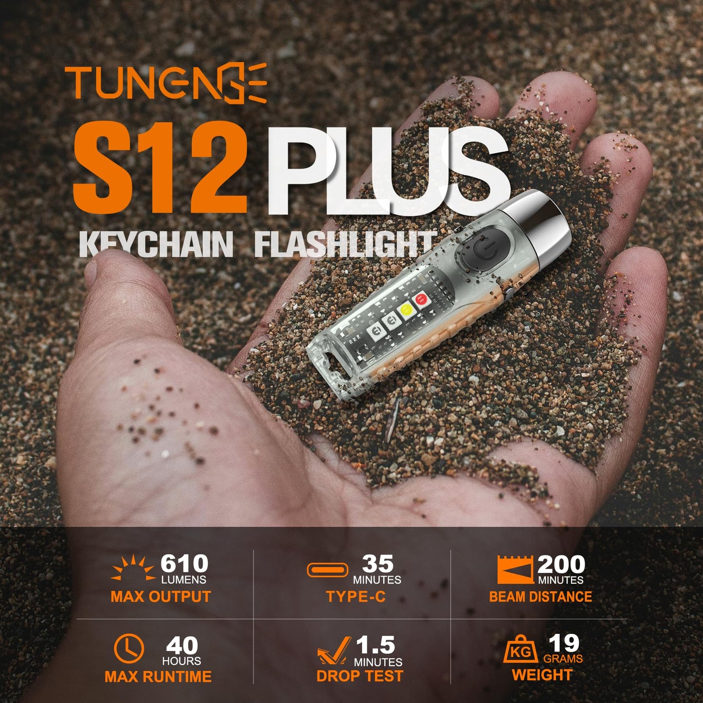TUNENGE S12Plus Keychain Flashlight，610 High Lumen EDC Pocket Flashlight,USB C Rechargeable Mini LED Flashlight,Small Flashlight,for Camping, Outdoor,Emergency(Fluorescent White)