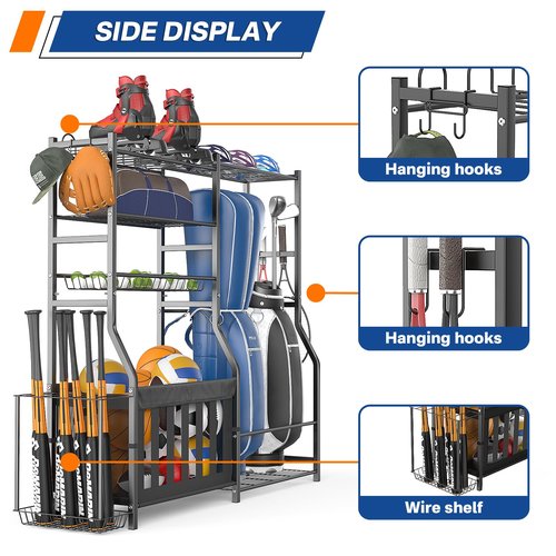 organizelink Garage Sports Equipment Organizer, Strong Load Bearing Golf Bag Organizer, Multi Use Golf Ball Rack Basketball Rack For Sports Gear and Outdoor Toy Ball Storage