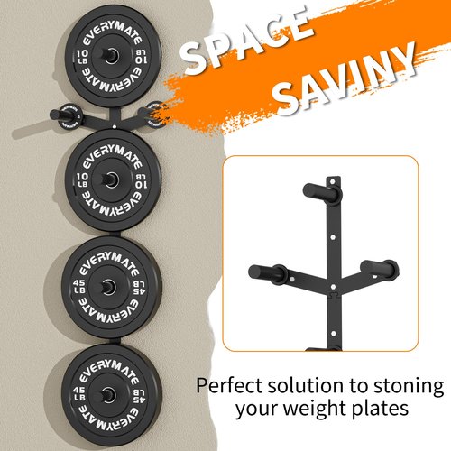 EVERYMATE Weight Plate Storage Rack, Wall Mounted Weight Plate Holder, Bumper Plate Storage for Home Gym, Heavy Weight Plates Holder Fit 2"Plates (6peg)