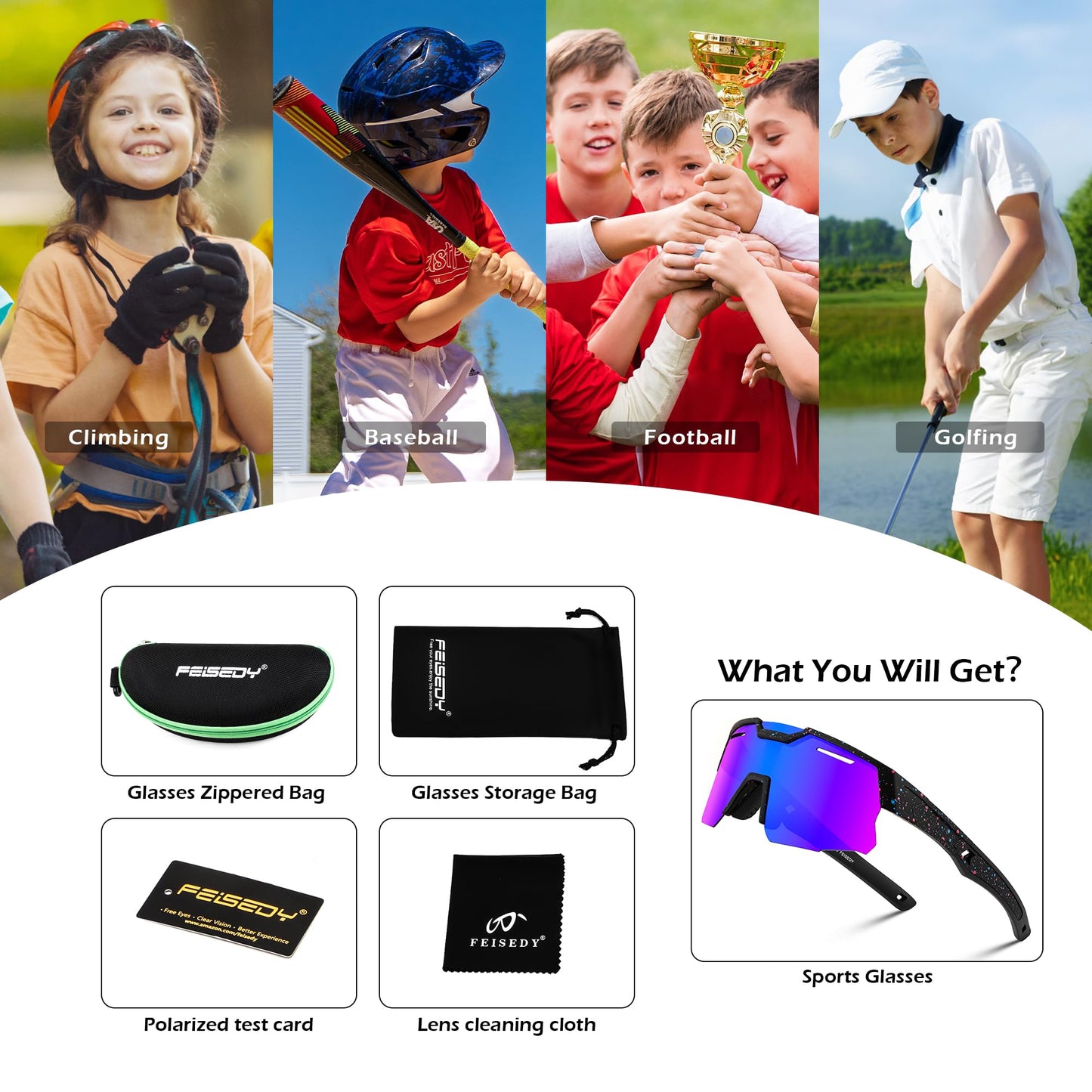 FEISEDY Teens Baseball Sunglasses Sports Cycling Glasses for Youth Polarized UV400 Boys Girls Age 8-14 B0093