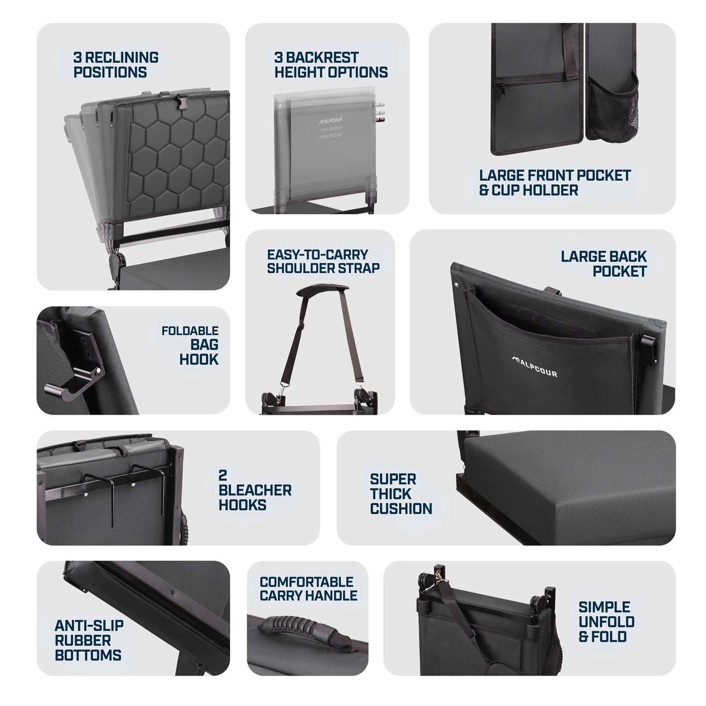 Folding Reclining Stadium Seats with Back Support for Bleachers, Bleacher Chairs with Back and Cushion Seating for Football, Camping Chair, Kayak Seat, Canoe, Paddle Board, Concerts, & Sports Events