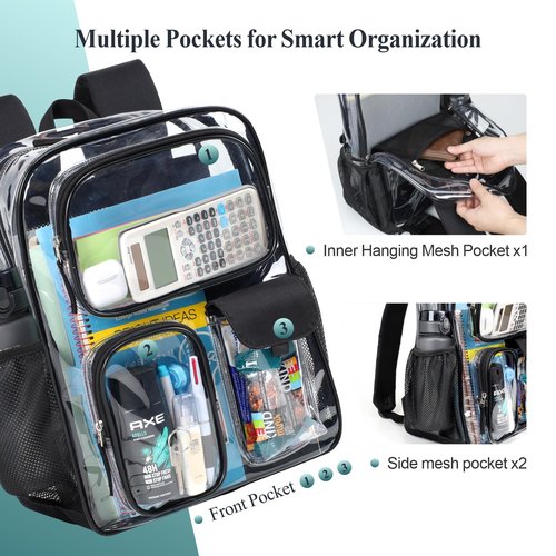 PACKISM Clear Backpack for School - 17 inch Heavy Duty Clear Bookbag with 3 Front Pockets for Students, Transparent PVC See Through Backpacks, Black (Age 12+)