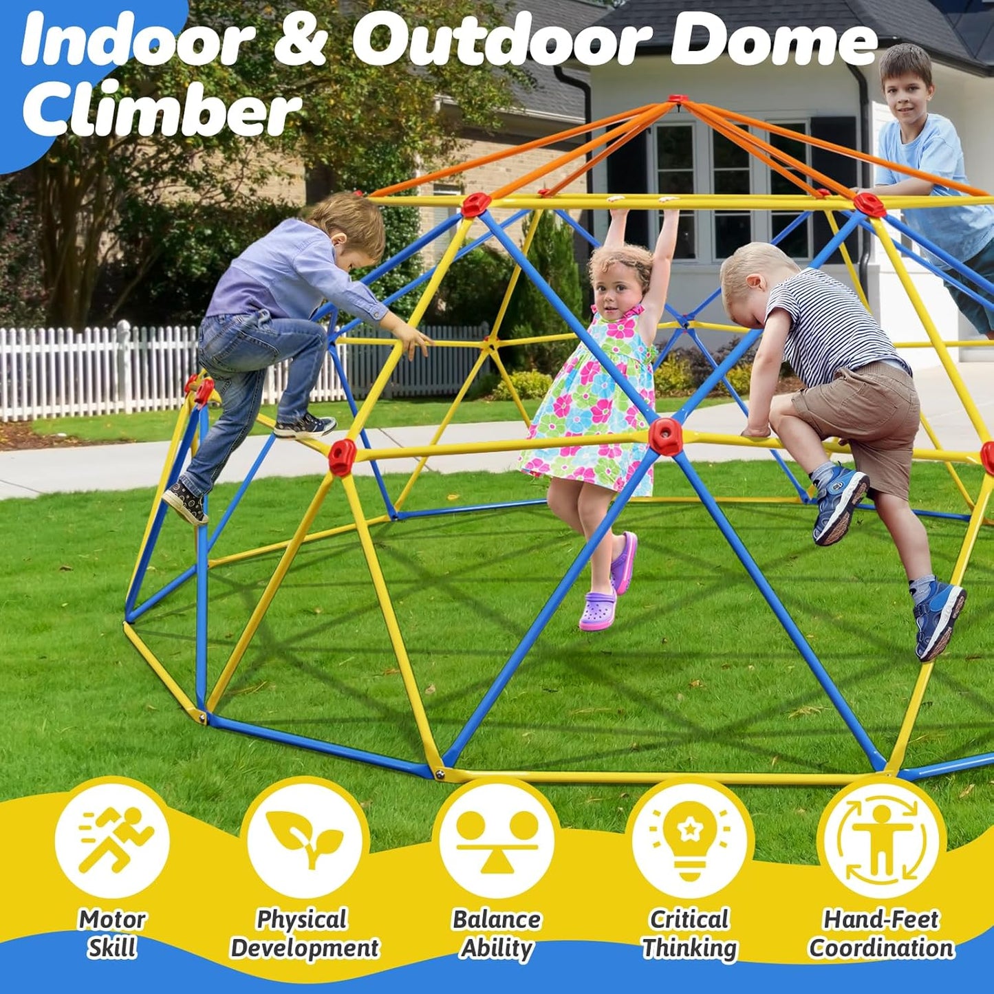 10FT Climbing Dome with Climbing Cargo Net, Outdoor Jungle Gym for Kids- Supports 1000LBS-Anti-Rust Metal Outdoor Play Structure ASTM Approved, Easy Assembly