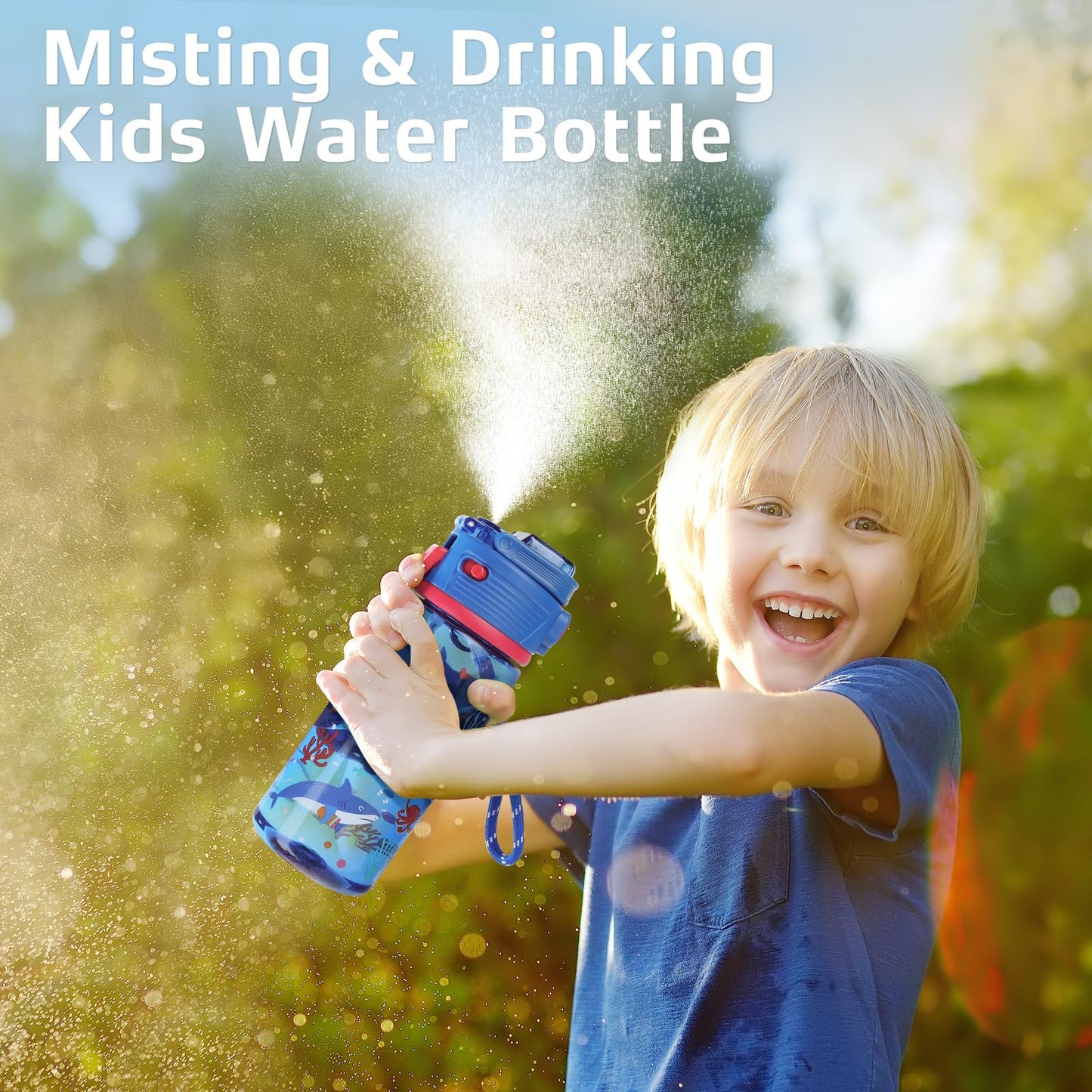 omedecal 20 oz 2-In-2 Mist and Sip Water Bottle for Kids, Shark