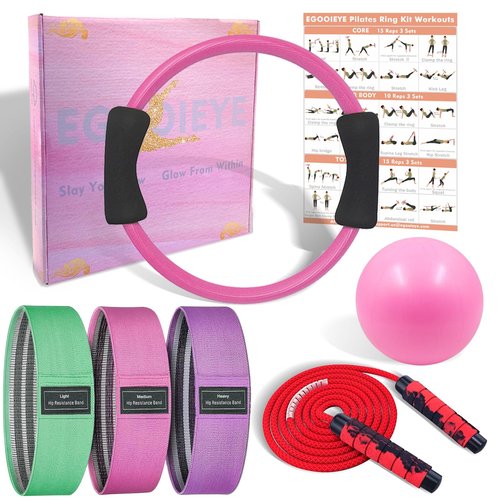 EGOOIEYE Pilates Ring and Ball Set with 3 Resistance Bands, Pilates Equipment for Home Workout, Better me Pilates Kit to Tone, Sculpt and Strengthen - Fitness Magic Circle Ring for Yoga Women