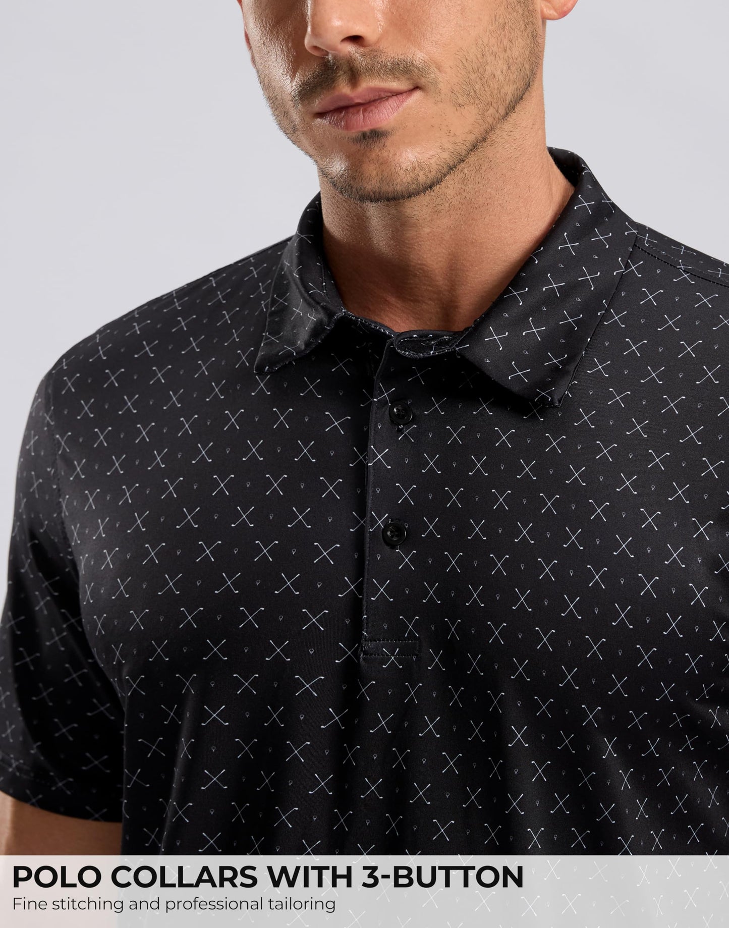 Men's Golf Shirt Short Sleeve Dry Fit Polo Moisture Wicking Print Collared Golf Shirts for Men Casual Lightweight(Golf Clubs Black,M)