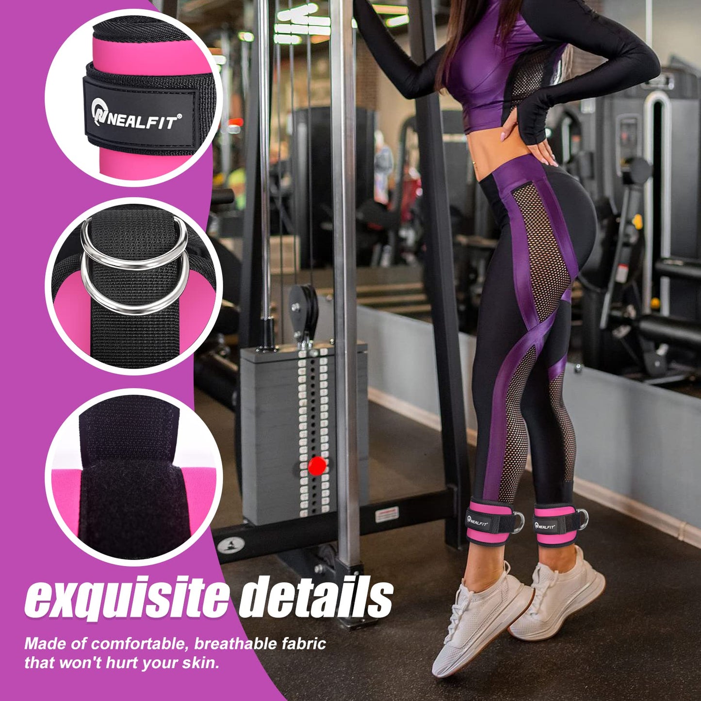 NEALFIT Ankle Strap for Cable Machine, Gym Ankle Cuff for Kickbacks, Leg Extensions, Glute Workouts, Booty Hip Abductors Exercise for Women and Men (Pink, Pair)