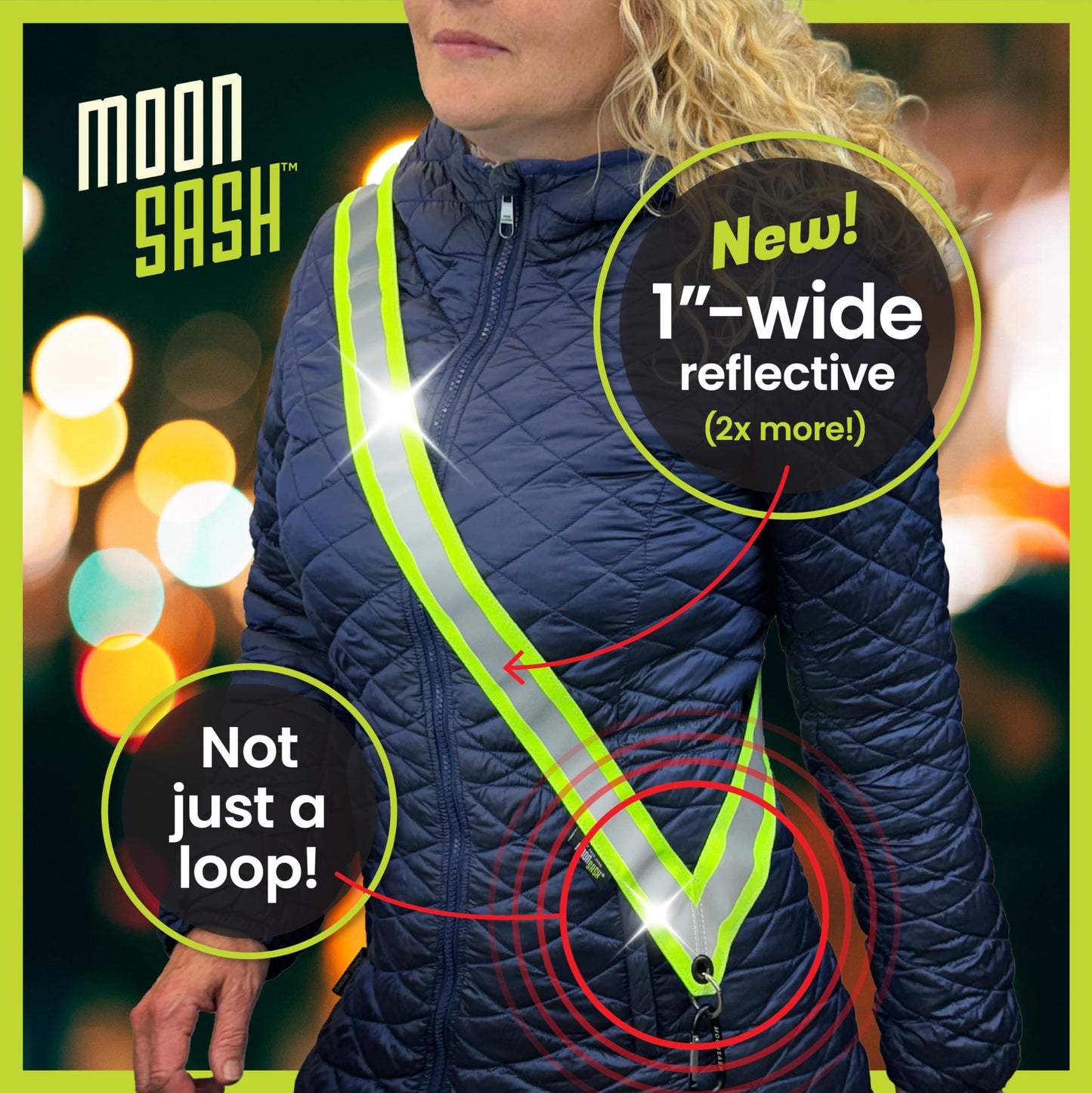 MOONSASH Reflective Sash For Walking At Night | USA-Made | Fitted, Reversible + Patented Night Walking Safety Gear | Perfect Belt/Reflective Vest for Women & Men Alternative | Essential Running Gear
