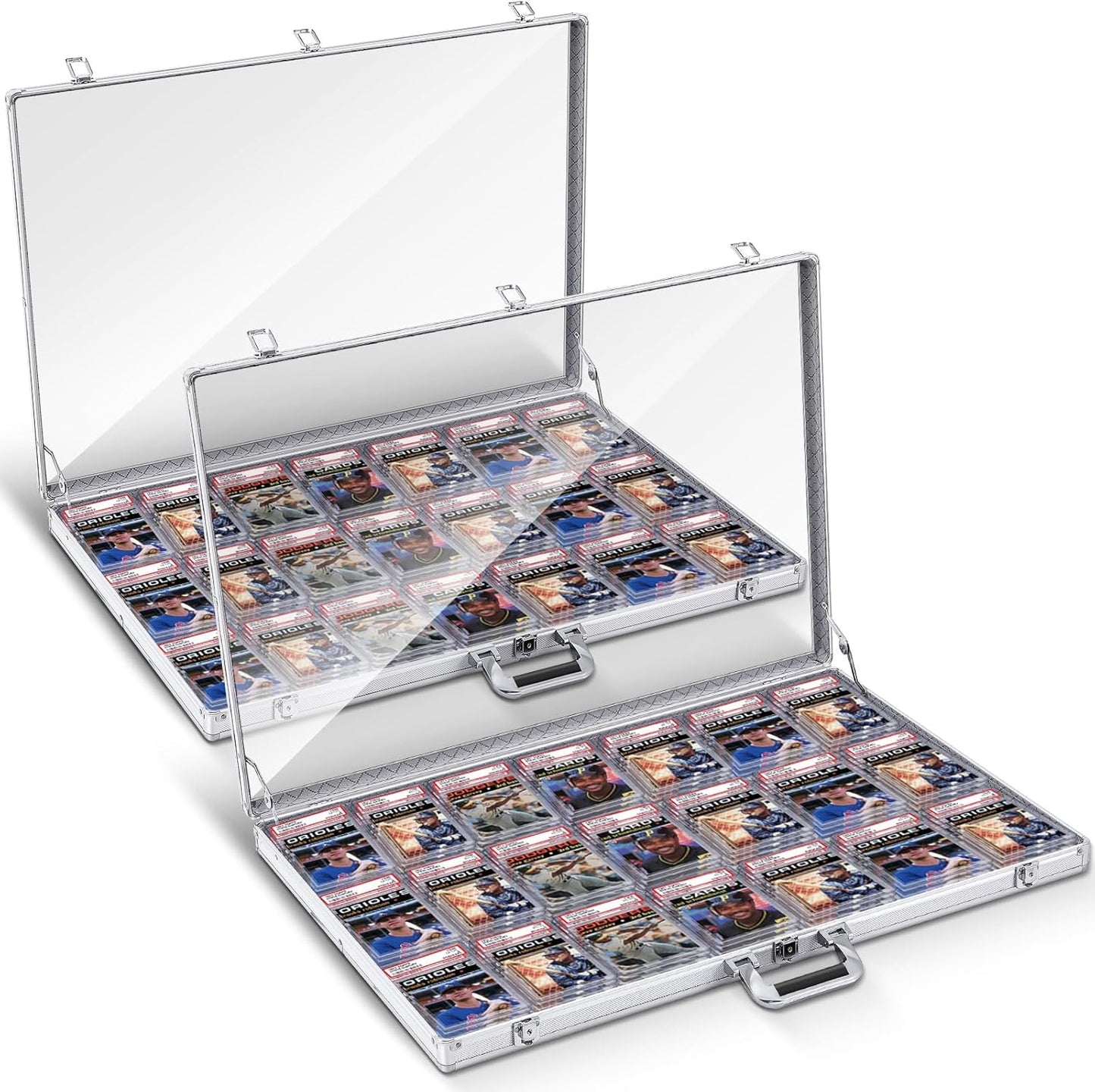2 Pcs Aluminum Glass Display Case for Cards Trade Show Table Top Portable Sport Card Case with Clear Acrylic Showcase with Lock for Jewelry Craft Collector(32.7 x 22.1 x 3 Inch,Silver)