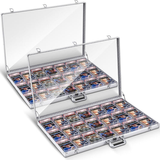 2 Pcs Aluminum Glass Display Case for Cards Trade Show Table Top Portable Sport Card Case with Clear Acrylic Showcase with Lock for Jewelry Craft Collector(32.7 x 22.1 x 3 Inch,Silver)