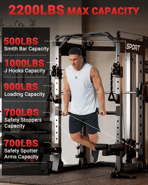 GarveeLife Smith Machine Home Gym, 2200LBS Squat Rack Power Cage, All in One Home Gym Workout Station with Smith Bar, LAT Pull-Down, Cable Crossover System and More Attachments