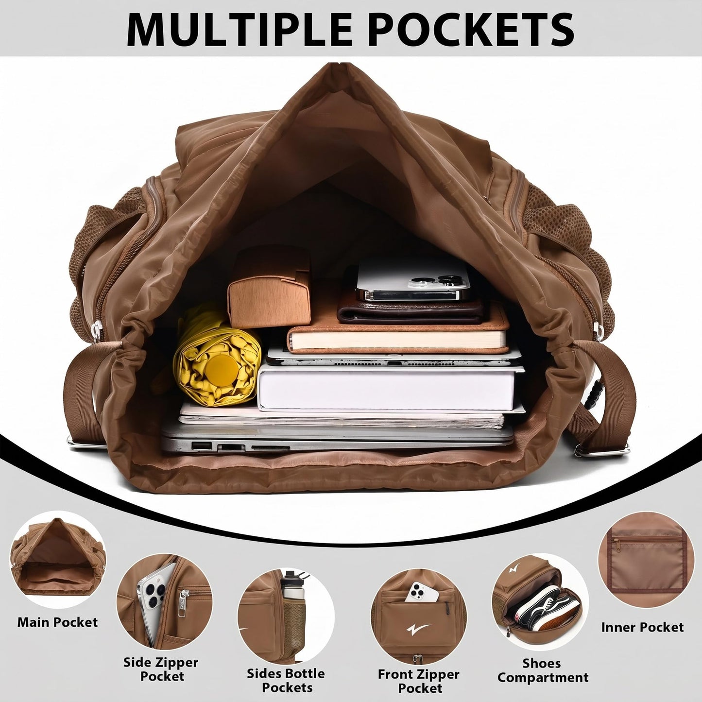 U·helper Sport Drawstring Backpack, Gym Bag with Mesh Side Pockets and Separate Shoe Compartment, Water-Resistant (Khaki)
