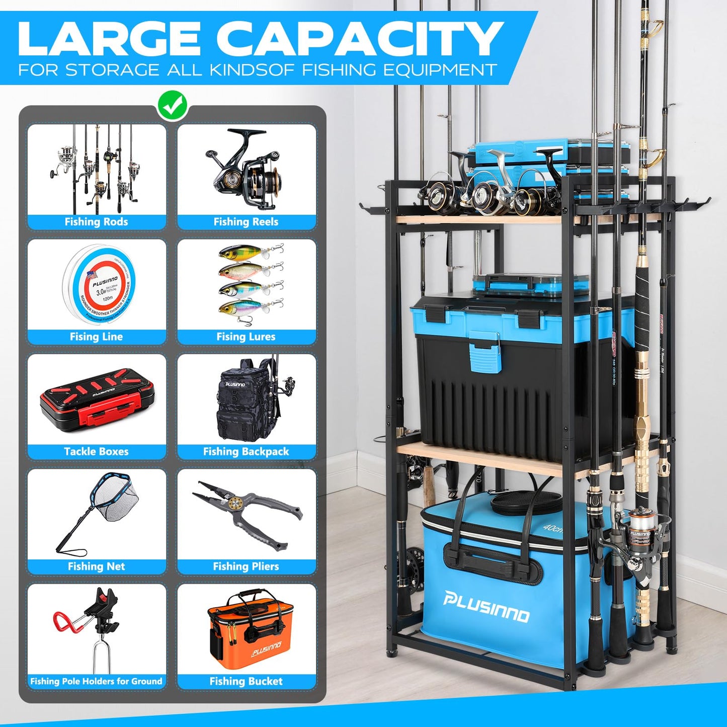 PLUSINNO 3 Tier Fishing Rod Holder, Fishing Pole Holders for Garage, Fishing Rod Rack Fishing Rod Storage Up to 8 Rods, Fishing Gear Tackle Box Fishing Equipment Organizers, Fishing Gifts for Men