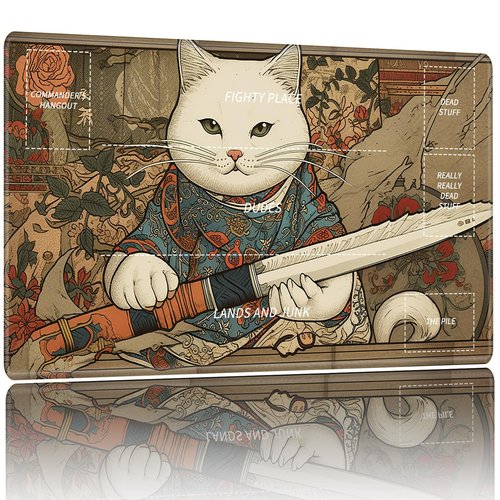Playmat for MTG,Card Playmat Stitched with Zones for MTG Card Game Playing, TCG and Board Game Mat for Cards,Mousepad Desk Mats,Game Mat 24 x 14 inches-Cat with Sword