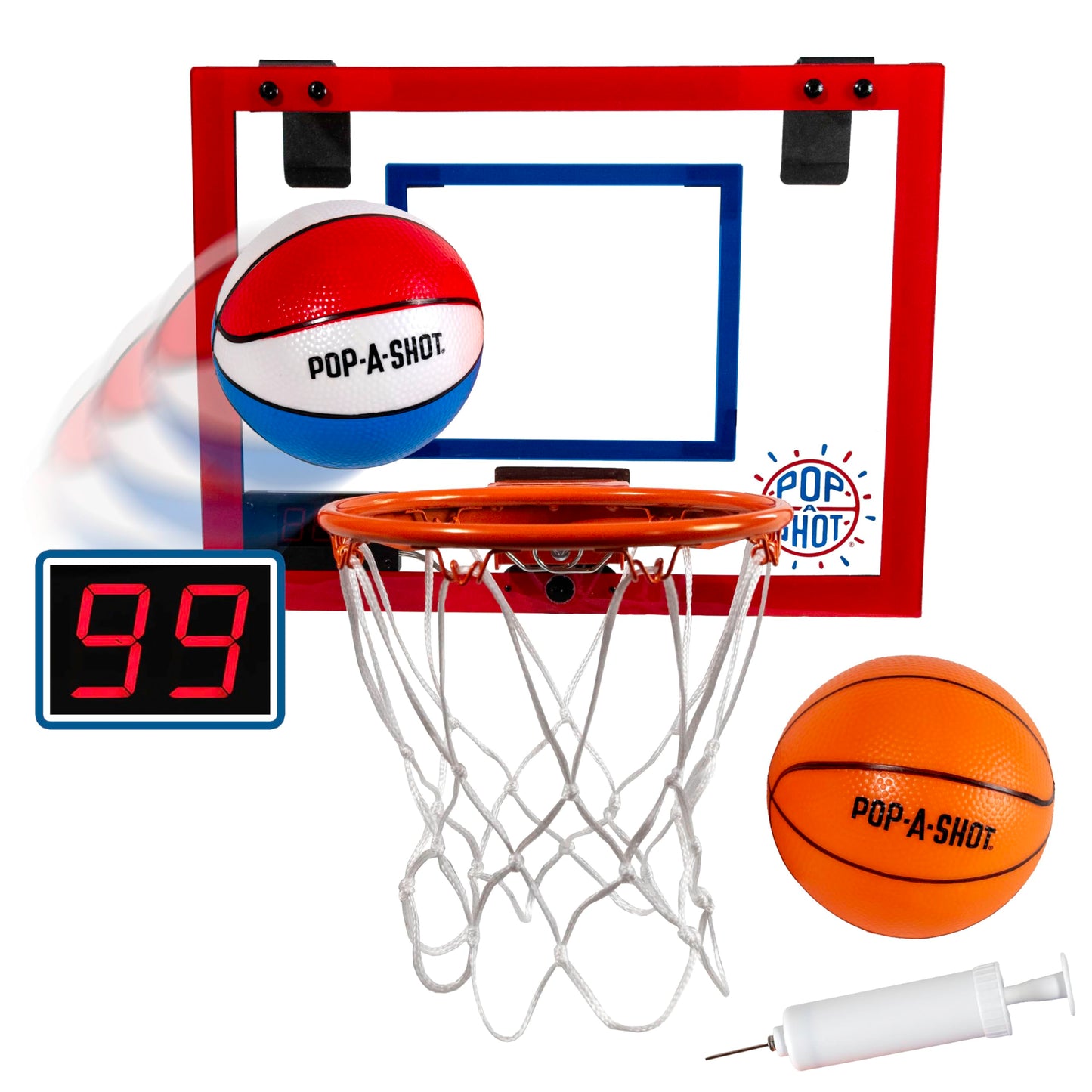 Pop-A-Shot Super Slam Over The Door Mini Basketball Hoop for Adults | 2 Included Basketballs and Pump | Built for Dunks | Breakaway Rim | Shatter Resistant Backboard | 17x12.5 Inches