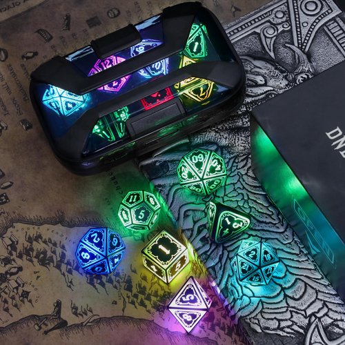 FONVGOGO Wireless Light Up Dice Set D and D RGB for Dungeons and Dragons,Cool LED DND Dice with Charging Box Rechargeable 7 Color Polyhedral Role Playing Dice for DND Gifts RPG(Astral Shard Black)