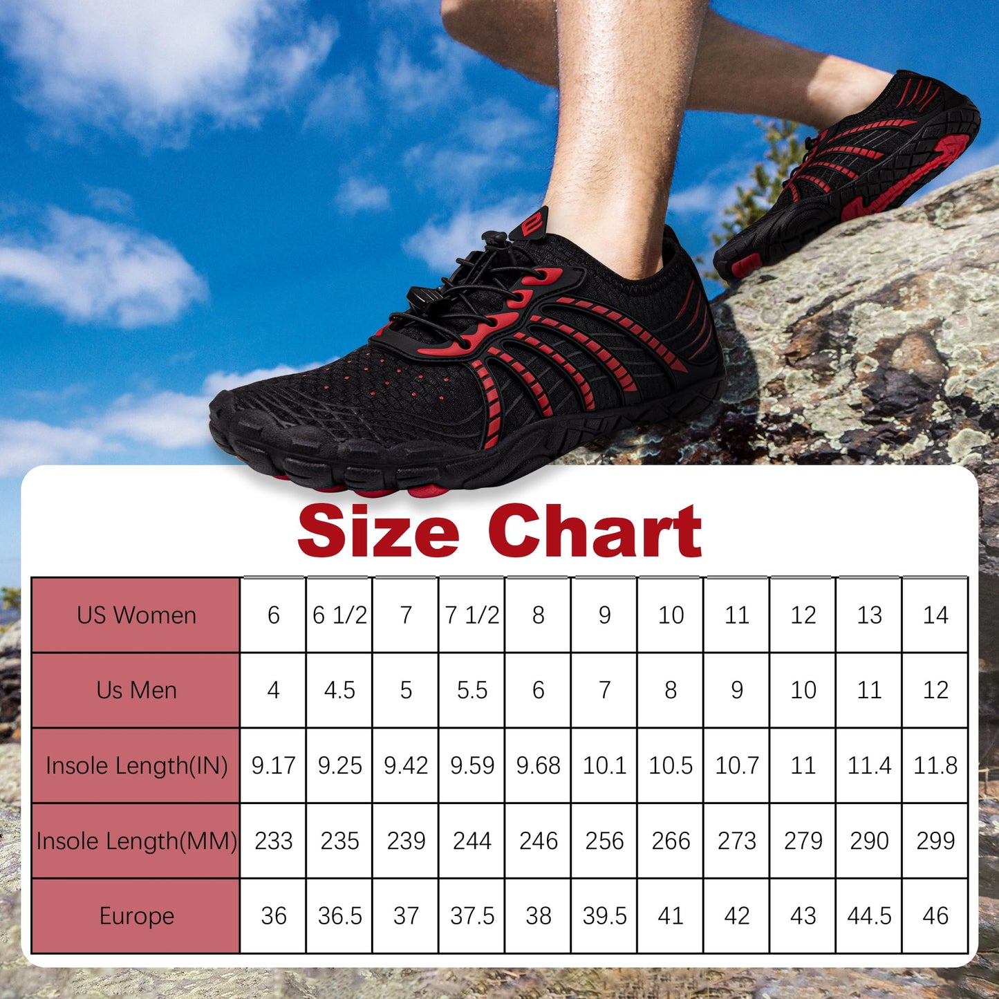 Water Shoes for Women Men, Quick Dry Barefoot for Workout, Hiking, Walking, Yoga, and Water Sports, Lightweight, Non-Slip, Athletic River Shoes for Outdoor Sports and Exercise Black/Red