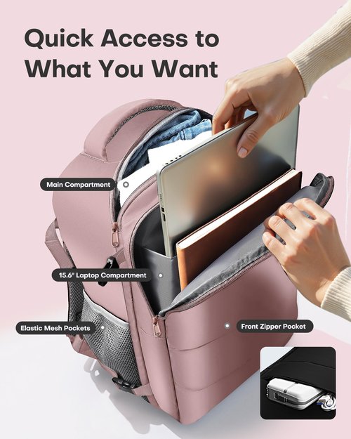 HOTOR Travel Backpack - Flight Approved Travel Bag for Men and Women, Carry on Luggage for 15.6" Laptop and Travel Essentials for Work, Business, Weekender, College 11.8"x7.9"x17.3" (Pink)