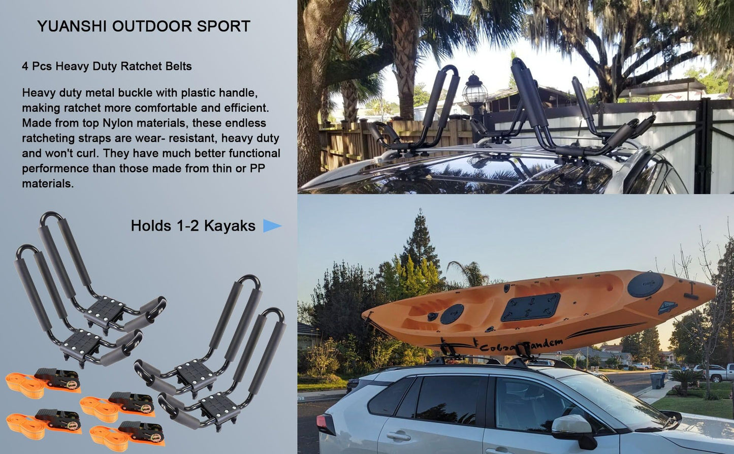2 Pairs Heavy Duty Kayak Roof Rack J-Bar Carrier Holder - Includes 4 Pcs Ratchet for Canoe, SUV, Cars, Truck, Surf Ski, Tie-Mount on Car Roof Top Crossbar for Trip, Set of 4