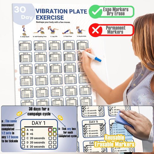 Whole Body Vibration Plate Exercise Poster, Fitness Workout Guide with 30 day Training Chart