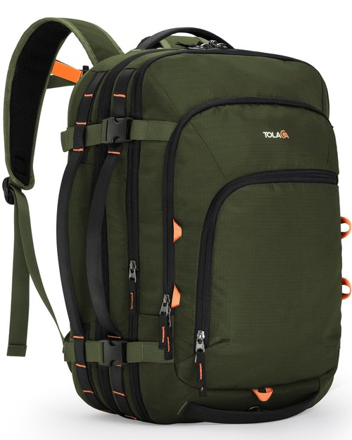Tolaccea Travel Backpack, TSA Friendly Flight Approved Carry-on Luggage Water-resistant Business Rucksack, Durable Large Computer Bag Daypack Fits 15.6 Inch Laptop, 35-45L Expandable - Green