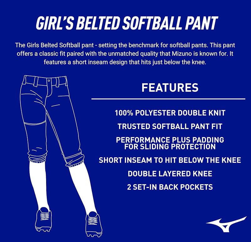 Mizuno Girls' Belted Fastpitch Softball Pant - Red, Large