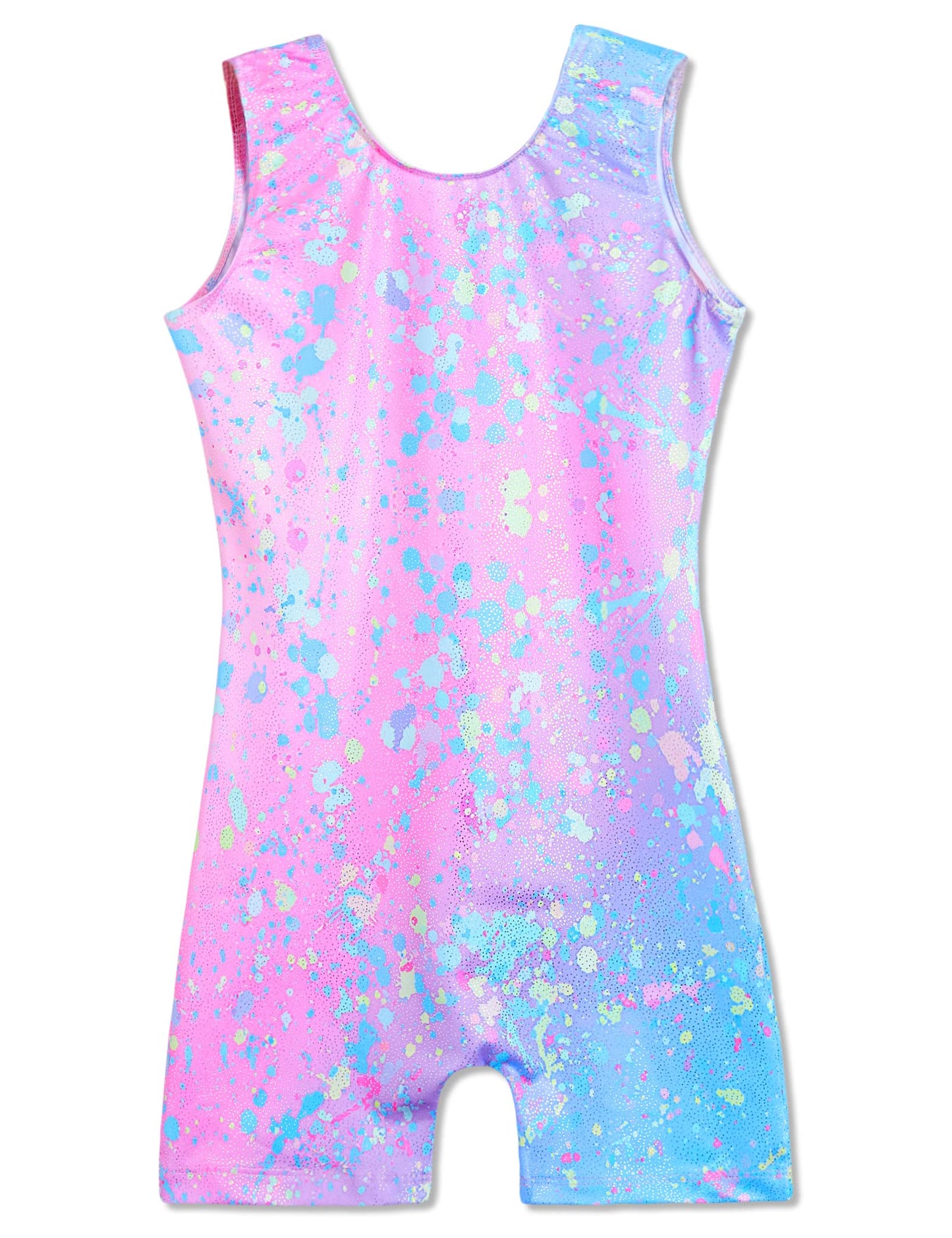Domusgo Girls Gymnastics Leotards Size 9-10 Years Old Shiny Colorful Graffiti Dot Sleeveless Biketard with Shorts