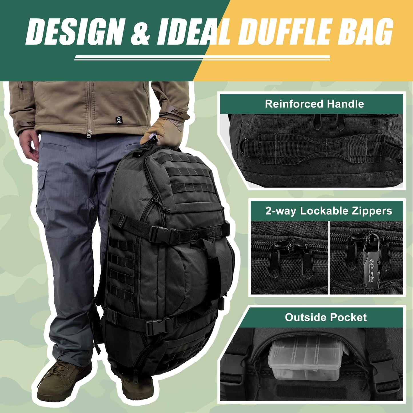 EASY BW 55L Large Travel Gym Duffle Bag Military Tactical Backpack, Army Pack 3 Day Bug Out Bag Rucksack for Outdoor Sport Hiking Camping with Molle System, Black
