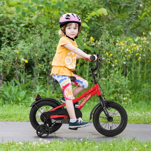 COSTWAY 12 Inch Kids Bike, Children Toddler Bicycle with Training Wheels, Adjustable Seat & Handlebar, Handbrake & Coaster Brake, Reflectors, Bell, Suitable for 3-8 Years Old Boys Girls, Red