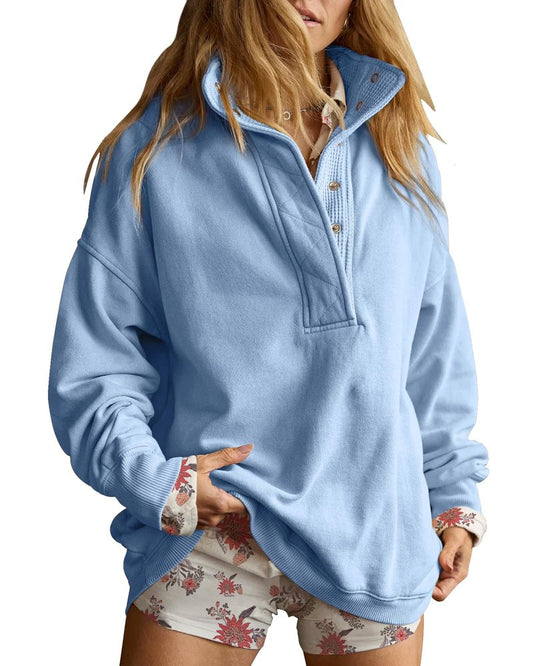 Gacaky Sweatshirt for Women Oversized Casual Long Sleeve Button Henley Neck Pullover Tops Fashion Outfits Clothes Blue X-Small