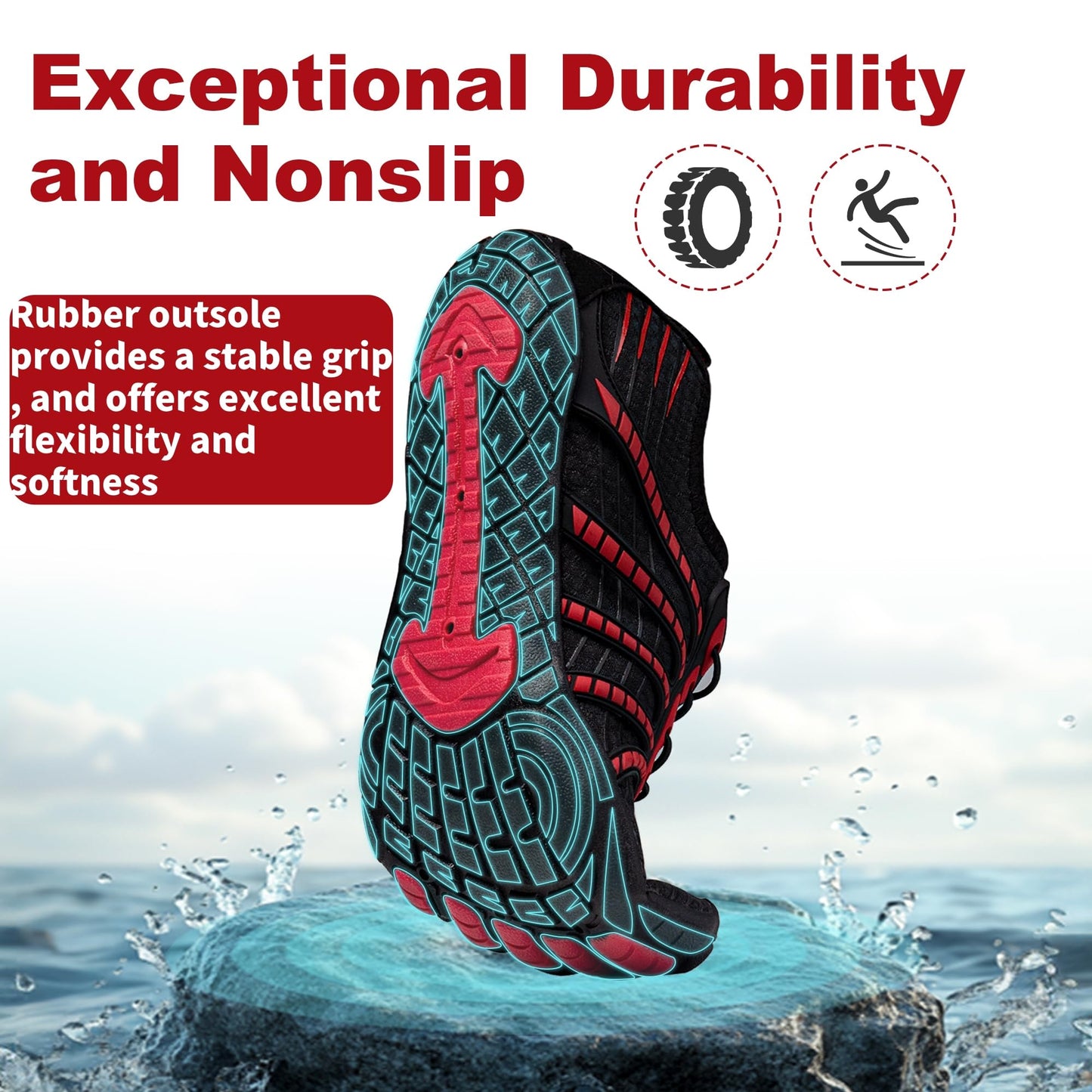 Water Shoes for Women Men, Quick Dry Barefoot for Workout, Hiking, Walking, Yoga, and Water Sports, Lightweight, Non-Slip, Athletic River Shoes for Outdoor Sports and Exercise Black/Red